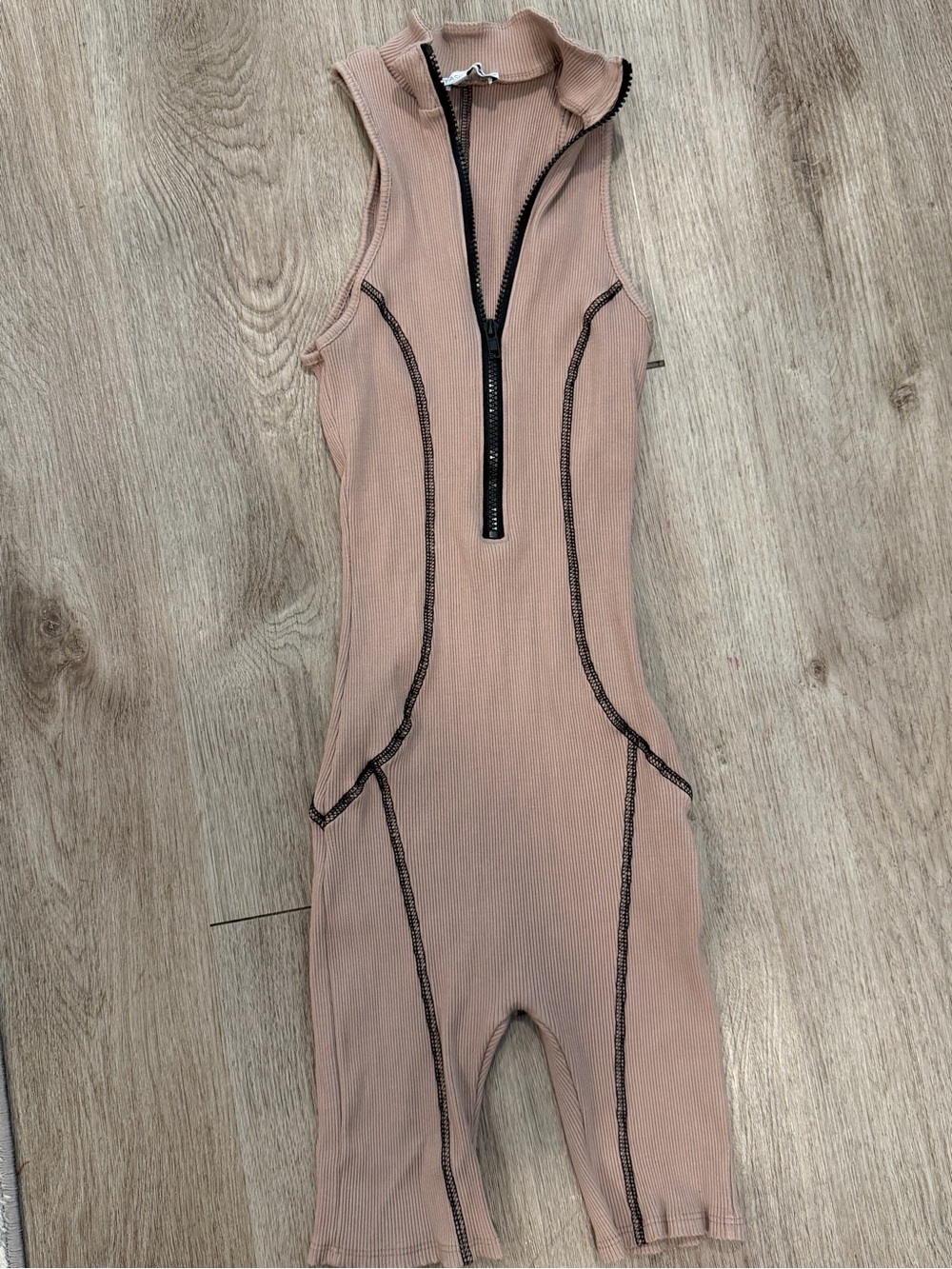 Fashion Nova Blush Ribbed Sleeveless Jumpsuit with Black Contrast Stitching